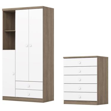 Imagem de Guarda Roupa 3 Portas e Comoda 5 gavetas Bala de Menta Branco Henn