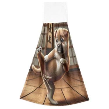 Imagem de Engraçado Cachorrinho Cachorro Kung Fu Kicking Toalhas de Cozinha Mão com Laço Pendurado Forno Conjunto de 2 Toalhas Altamente Absorventes para Cozinha Banheiro, 45 x 35 centímetros