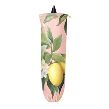 Imagem de Limões são pintados no pacote com 2 suportes de saco de plástico rosa, organizador de bolsa de parede, suporte de sacola de supermercado cozinha