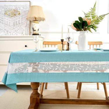 Imagem de youngseahome Toalha de mesa de tecido resistente com borda de renda bordada requintada - à prova d'água/resistente a vincos - para jantar, interior e exterior, casamento, férias, azul aqua, retangular
