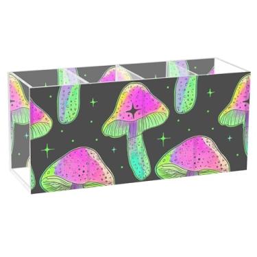 Imagem de TSENQUE Porta-lápis de acrílico preto personalizado com cogumelos coloridos para mesa, porta-pincéis, organizador de escritório para mesa