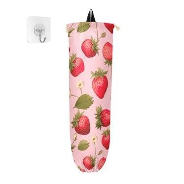 Imagem de Morangos maduros em um suporte de saco plástico rosa, dispensador de sacolas de supermercado para sacolas plásticas, suporte de saco de cozinha, 1 pacote