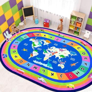 Imagem de Lacomfy Tapete infantil 1,5 x 2,3 m de dinossauro, tapete ABC, quarto, sala de aula, para meninos e meninas, grande, arco-íris, carro, mapa-múndi, alfabeto, educacional, pré-escolar, tapete lavável