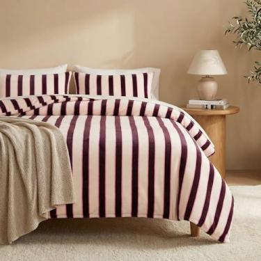 Imagem de Bedbay Conjunto de edredom Queen com listras marrons de veludo, estilo moderno, com 2 fronhas, leve, 3 peças, conjunto de cama boho, casa de fazenda, listrado, fofo