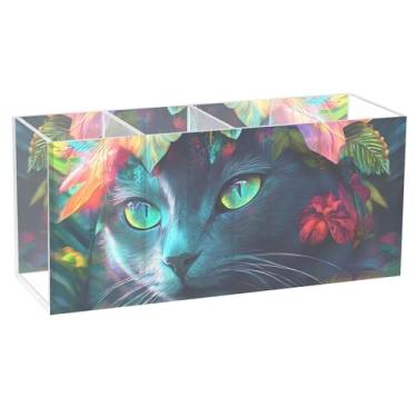 Imagem de TSENQUE Gato preto místico flores tropicais bonito suporte de caneta de mesa arte colorido artesanato organizador acrílico pincel copos lápis armazenamento