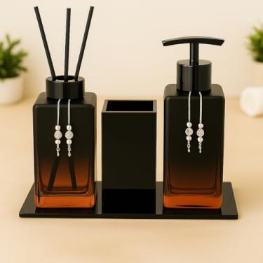 Imagem de Kit Lavabo Luxo Sabonete Líquido C/Porta Escovas e Aromatizante De Ambiente C/Bandeja(Preto Rose C/Preto)