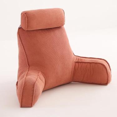 Imagem de CYTJHMD Almofada de leitura, almofada de encosto para cama, almofada de apoio para as costas da cama com encosto de cabeça e braços, capa lavável removível e rolo de pescoço destacável, rosa, 80 x 40