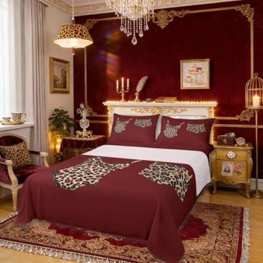 Imagem de Manfei Jogo de lençol Queen com estampa de leopardo, estilo de vida selvagem, estampa de animais descolados, decoração de quarto de meninos e meninas, lençol vermelho marrom (2 fronhas + planas)