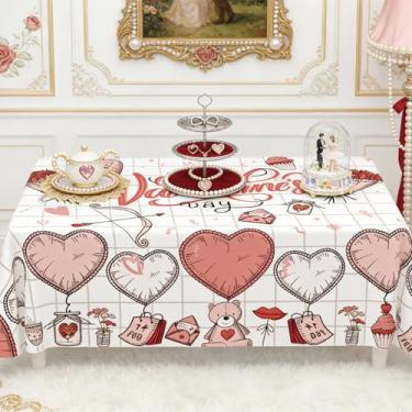 Imagem de CHAONENG Toalha de mesa Sweet Happy Valentine's Day, rosa doce, amor, coração e buquê de flores, retangular, toalha de mesa lavável 138 cm × 188 cm para decoração de casa do dia dos namorados