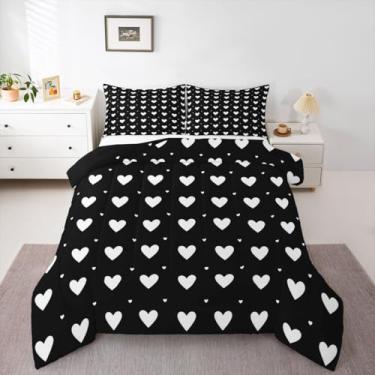 Imagem de Erosebridal Conjunto de edredom infantil de coração preto e branco | Jogo de cama com estampa de coração fofo, tamanho solteiro, adorável em forma de coração, presente de dia dos namorados, conjunto