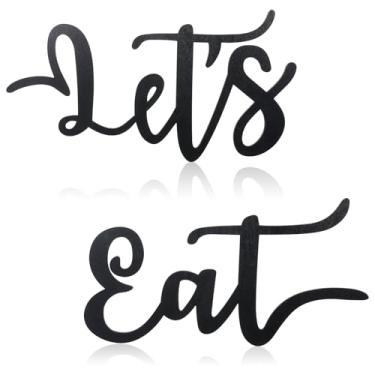 Imagem de 2 peças Letreiro Let's Eat decoração de parede preta de madeira rústica recortada placas de cozinha na moda placa pendurada paredes de casa de fazenda paredes de sala de jantar decoração para cozinha