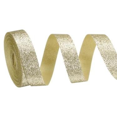 Imagem de PATIKIL Rolo de fita de glitter metálico, rolos de tecido de embrulho de presente de borda única para artesanato, buquê de casamento, festa de casamento, decoração de Natal, ouro claro