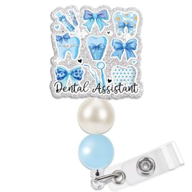 Imagem de Obookey Carretel de crachá dentário fofo, laço azul, acessórios para assistente dentário, suporte de crachá com clipe retrátil, crachá de identificação para dentista, ortodontista, enfermeira, médico