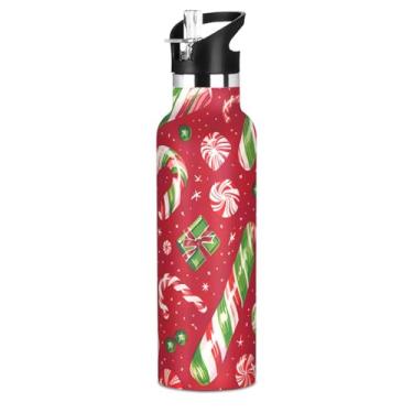Imagem de Joisal Garrafas de água de doces de Natal com tampa de canudo Garrafa de água isolada de aço inoxidável para crianças adolescentes 590 ml copo de viagem à prova de vazamento de parede dupla