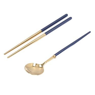 Imagem de GLOGLOW Conjunto de Talheres de Aço Inoxidável Com Caixa de Armazenamento de Viagem, Utensílios Reutilizáveis, Pauzinhos de Colher de Garfo, 19 Cm, Leve para Talheres de Acampamento (ouro azul escuro)