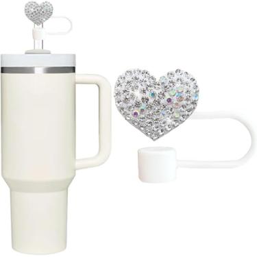 Imagem de Capa de palha Bling Hearts para Stanley Cup, strass de diamante brilhante, topos de silicone de 10 mm, topo de palha compatível com Stanley copo de 30 e 1,134 g com alça, canudos reutilizáveis (prata)