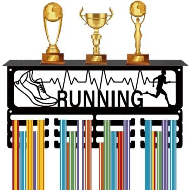 Imagem de CREATCABIN Suporte de medalha de corrida prateleira de exibição de troféu com 12 ganchos gancho de medalha de metal esportivo para suporte de parede 60+ fitas de prêmios Rack organizador com