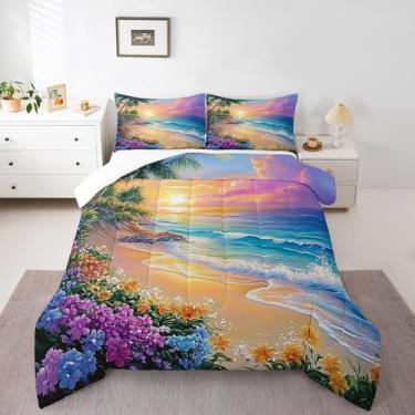 Imagem de Feelyou Conjunto de edredom casal, praia, pôr do sol, flores, coqueiros, mar, para meninos e meninas, decoração de quarto, 3 peças, 1 edredom + 2 fronhas