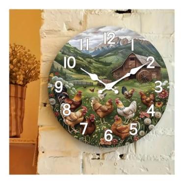 Imagem de Relógio de parede Relógio de parede madeira rústica, design fazenda e galinha, redondo, silencioso, adequado para sala estar Sem tique-taque(12 inch)