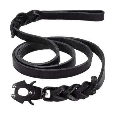 Imagem de GEIT Coleira de couro para cães de 1,2 m e 1,5 m, coleira de treinamento de cães resistente, correia trançada de couro genuíno com clipe tático de sapo de liberação rápida/trava para cães médios e