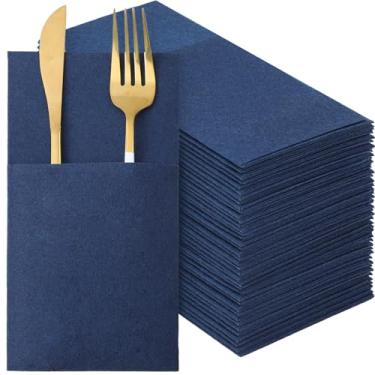 Imagem de Qilery 50 guardanapos de papel e linho descartáveis, guardanapos de jantar pré-dobrados, com bolso embutido para talheres de prata, dia de casamento, dia de Natal (azul marinho)