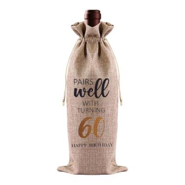 Imagem de Bolsa de presente de vinho de aniversário para aniversário de 60 anos para avó, presente de aniversário de 60 anos, decoração de festa de aniversário, bolsa de garrafa de vinho de serapilheira para