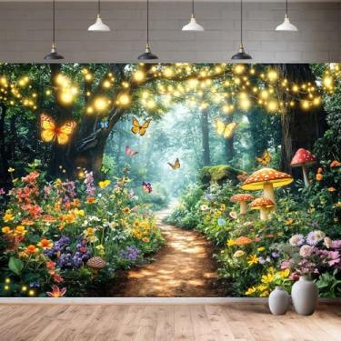 Imagem de Pano de fundo de floresta encantada, luzes de fadas, borboletas e flores de cogumelo, fundo fotográfico, casamento, festa de aniversário, chá de bebê, suprimentos de decoração de parede, faixa para