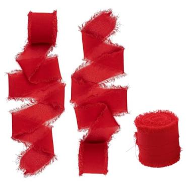 Imagem de Bxian Fita de borla de fibra de poliéster vermelha feita à mão com 4 rolos de 3,8 cm x 17 m, adequada para convites de casamento, decoração de fundo de embrulho de presente de Natal