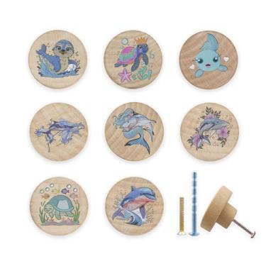 Imagem de JamJam Pacote com 8 puxadores de gaveta de animais marinhos fofos de 3,8 cm de madeira, puxadores de armário, berçário, quarto de crianças, tartaruga, baleia, marinha, cómoda, maçanetas