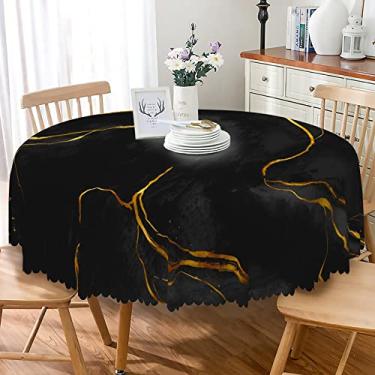 Imagem de SIEDYCV Toalha de mesa redonda de mármore preto 178 cm preto marmorizado linha dourada toalha de mesa de poliéster impermeável reutilizável moderna capa de mesa para decoração de casa de campo, jardim