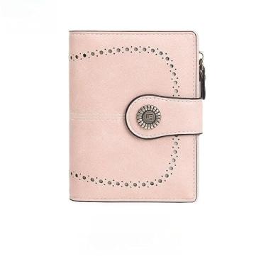 Imagem de Carteira feminina dobrável de couro com bloqueio de RFID com bolso para moedas com zíper, rosa, Retrô