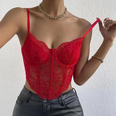 Imagem de Top Cropped Transparente Com Decote Em V, Sem Costura, Com Bordado Flo