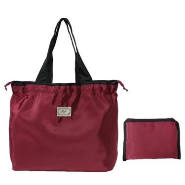 Imagem de Sacolas de mercearia reutilizáveis, bolsa de compras lavável com cordão, bolsa sacola durável e dobrável para viagens ao ar livre acampamento (vinho vermelho)