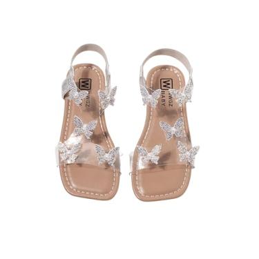 Imagem de GORGLITTER Sandália feminina transparente borboleta strass glitter tira no tornozelo sandálias planas verão praia férias sandália, Prata, 12 Big Kid