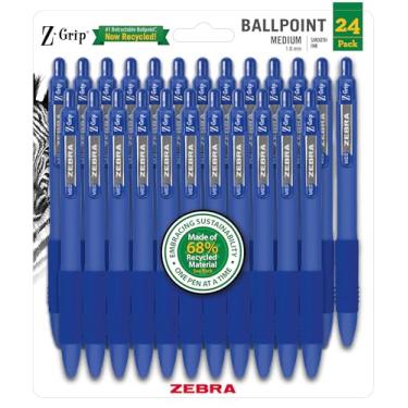 Imagem de Zebra Pen Canetas esferográficas retráteis recicladas Z-Grip, 1,0 mm, tinta azul, clipe de metal durável, 68% recicladas, pacote com 24 (20324)