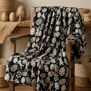Imagem de Horaldaily Cobertor de flanela de Páscoa, ovos de Páscoa pretos, xadrez, coelho, coelho, onda, macio, felpudo, aconchegante, cobertores de lã para sofá, cama, presente ideal para crianças e adultos