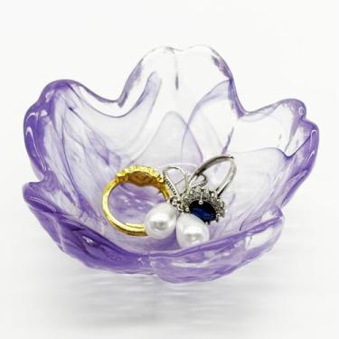 Imagem de BESSKON Prato de anel de vidro, bandeja de joias de flores roxas, suporte pequeno para bugigangas, decoração de banheiro, mesa de cabeceira para mulheres (roxo)