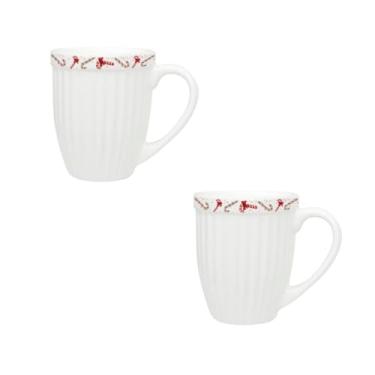 Imagem de Kit de 2 Canecas de Cerâmica 390ml 2ª Linha - Tema Natal Feliz, Ideal para Presente e Uso Doméstico (Branca Bengala)