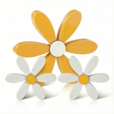 Imagem de FAJYAZ Decoração de primavera, 3 peças, flores de madeira, boho, margaridas, decoração feita à mão, prateleira, mesa, primavera, para bandeja em camadas, mesa, escritório, casa, cozinha, sala de estar