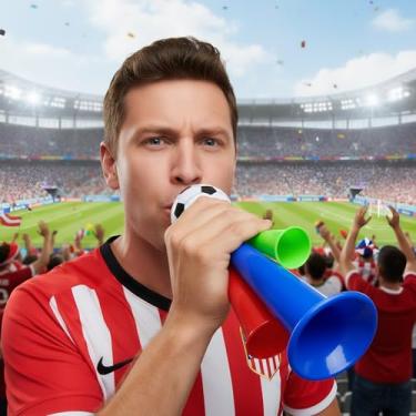 Imagem de Pacote com 4 buzinas de plástico com tema de futebol e topo de bola, máquinas de ruído portáteis multicoloridas para eventos de jogos