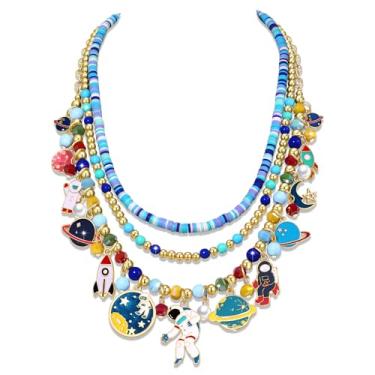 Imagem de HSWE Colar em camadas com berloque espacial engraçado universo azul astronauta foguete planeta lua estrelas explorador celestial pingente gargantilha colar novidade aniversário feriado festa joia