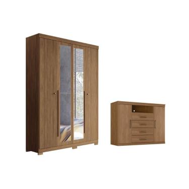Imagem de Guarda Roupa Solteiro e Closet Santos Andirá 4 Portas de Bater 2 Gavetas MDF com Espelh...