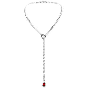 Imagem de EverGlimp Colar de corrente de coração para mulheres, corrente cubana de ouro com anel de coração removível, pingente de cristal brilhante, colar em Y ajustável, joia delicada. (prata-vermelho)