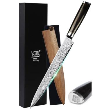 Imagem de YOUSUNLONG Faca Yanagiba de 25 cm - Faca japonesa de aço damasco para sushi e sashimi - bainha de madeira de nogueira e cabo de ébano - Faca de chef profissional para fatiar peixe, carne, aves