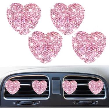 Imagem de 4 peças de clipes de ventilação de carro em forma de coração fofos de cristal brilhante, saída de ar condicionado automático de strass, pingente difusor de aromatizador, acessório de decoração de