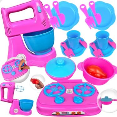 Imagem de Kit Cozinha Infantil Completo 11 Peças Fogão e Air Fryer Rosa e Azul Brinquedo Educativo