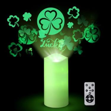 Imagem de Baquler 1 pacote com 1 Velas de projetor sem chama do Dia de São Patrício, padrão de trevos, luzes de projetor, vela de LED irlandesa, luz noturna operada por bateria com temporizador remoto e cabo