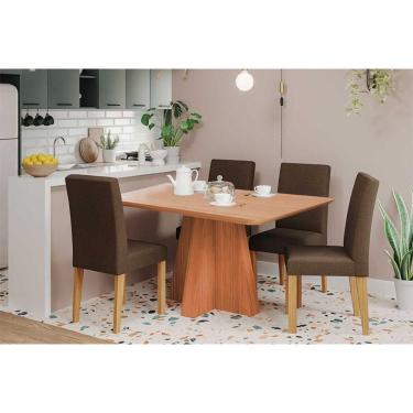 Imagem de Conjunto: Mesa Sala Jantar Maitê Tampo Madeirado 130x80cm e 4 Cadeiras Maia Cinamomo - Nature/Suede Mascavo Chocolate Cimol