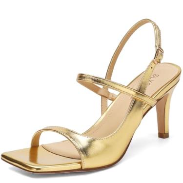 Imagem de SLXCHBSL Sandálias femininas de salto agulha quadradas, bico aberto, salto alto fino de 7,6 cm, tira no tornozelo, salto elegante para festa de casamento, formatura ou uso diário, Dourado, 39