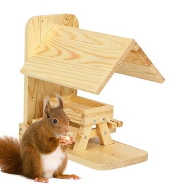 Imagem de Casa de esquilo para uso externo - Mesa de piquenique de animais de madeira, alimentador de comida de esquilo com suporte de espiga de milho | para quintal, varanda, árvore, cerca, janela, quintal